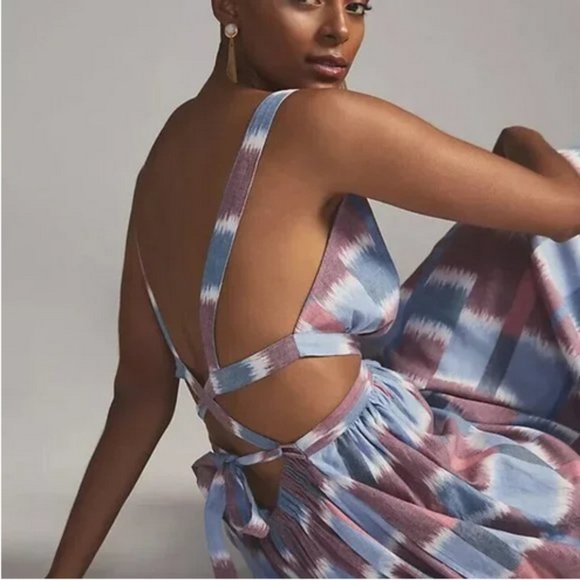 Anthropologie S NWT Deep-V Midi Dress Watercolor Blue Motif 80$ Boho Small - Picture 5 of 5